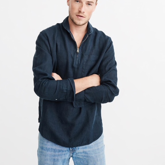 Abercrombie Navy Halfzip Linen Shirt 